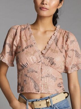 Anthropologie sequins top Forever That Girl Blouse blush V-Neck beaded corset